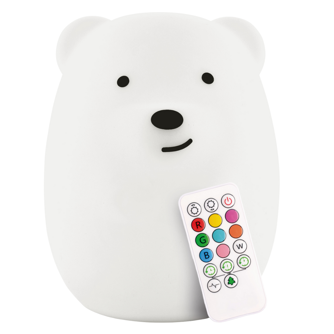 Benny the Bear LumiPet, a soft white silicone bear-shaped night light with remote
