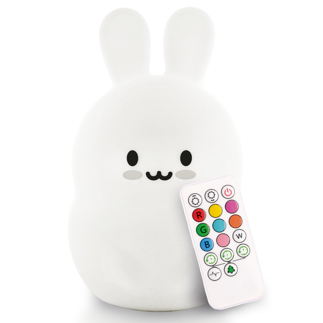 Baxter the Bunny LumiPet, a soft white silicone bunny-shaped night light with remote
